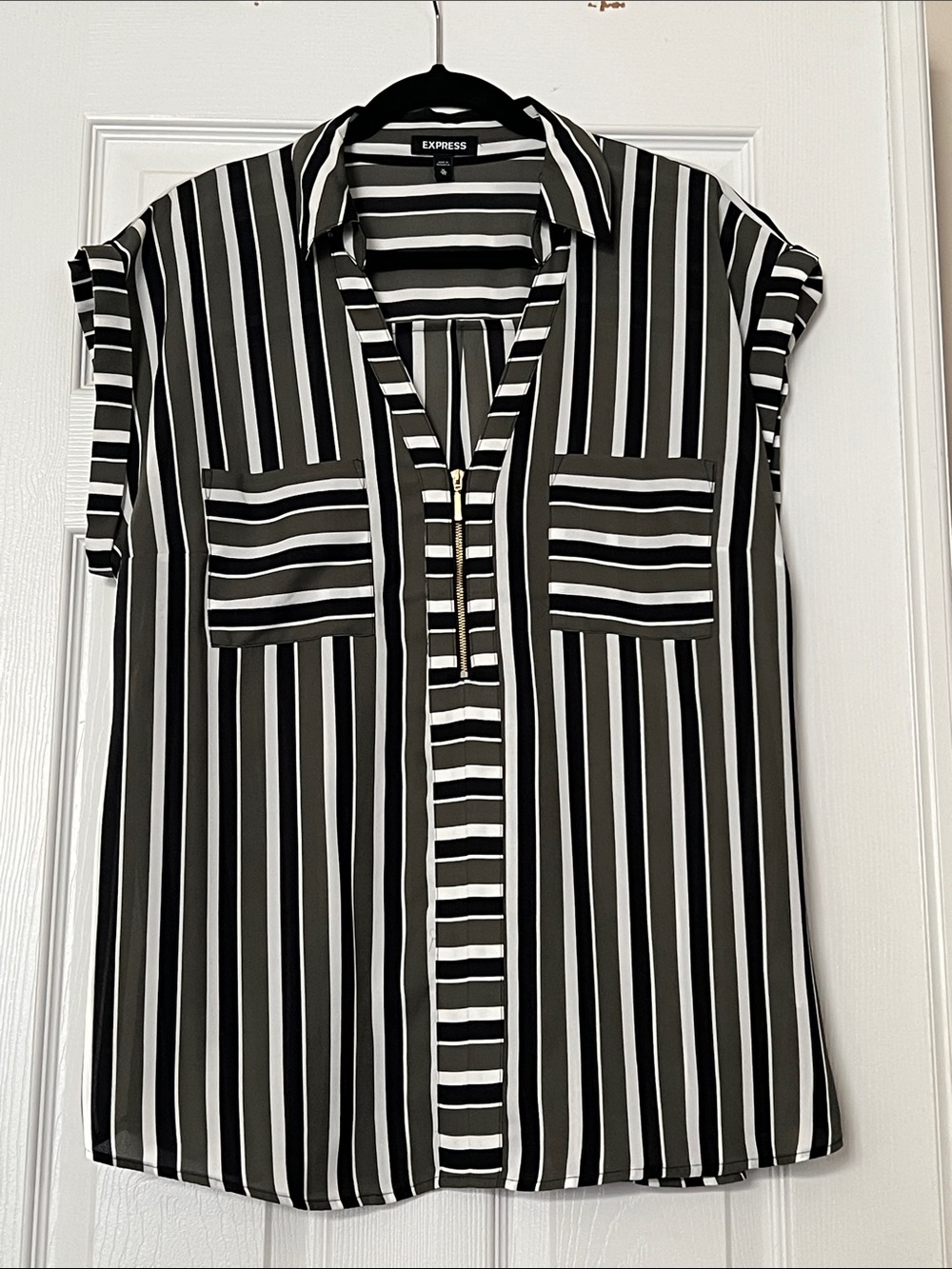 Express Olive Green, Black and White Vertical Stripe Zip Blouse